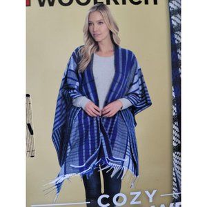 Woolrich Blue Gray Cozy Blanket Wrap Soft Fringe Colorblock Stripe